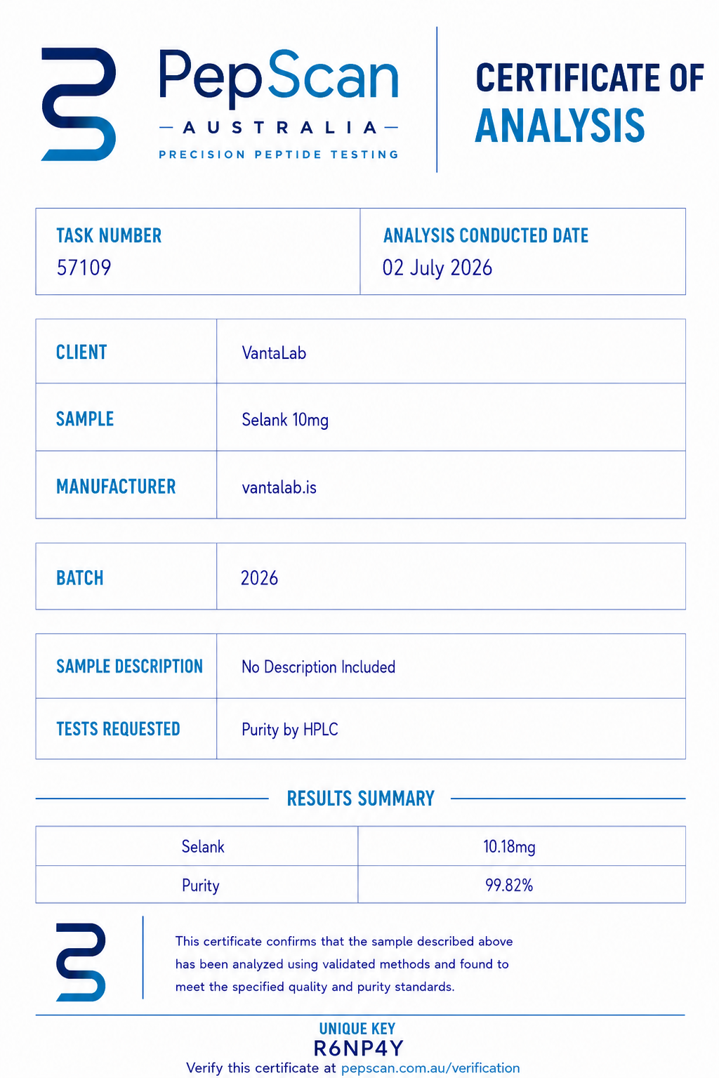 Certificate of Analysis for Selank 10mg