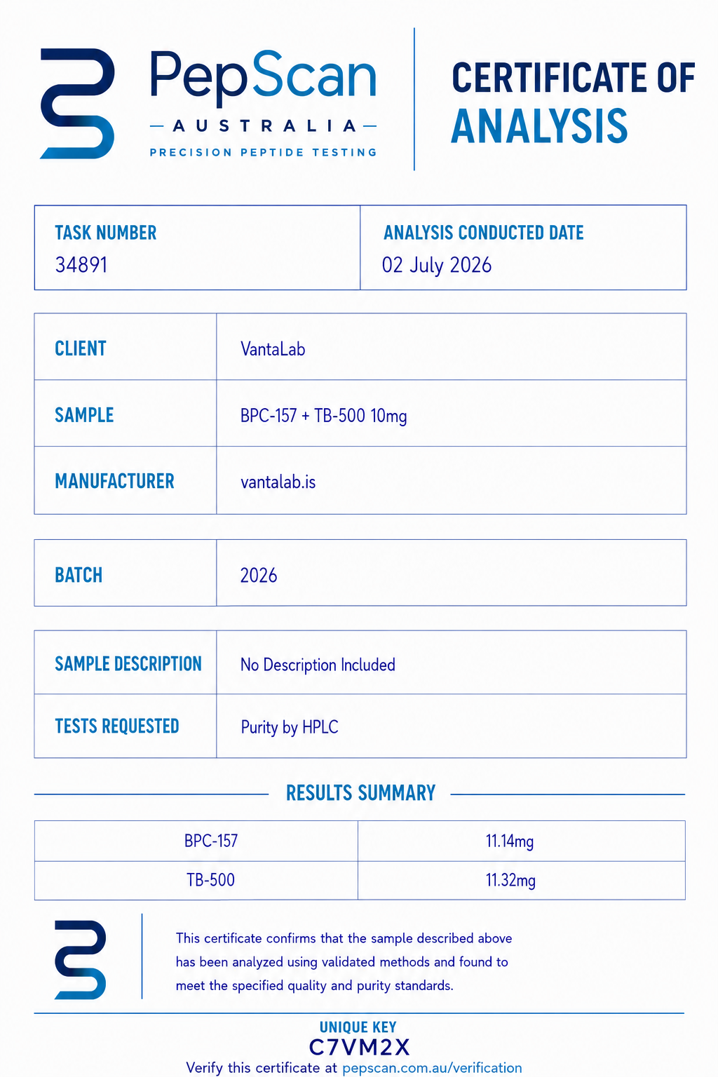 Excerpt from the Certificate of Analysis for BPC-157 + TB-500 Blend 10mg