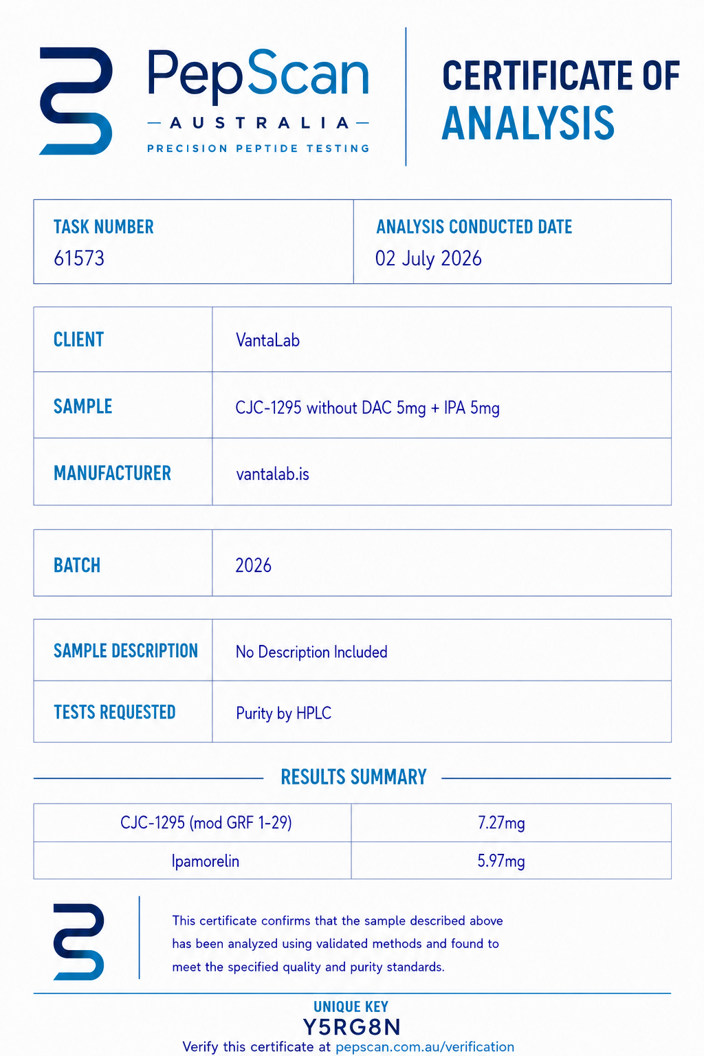 Excerpt from the Certificate of Analysis for CJC + Ipamorelin | No DAC 10mg