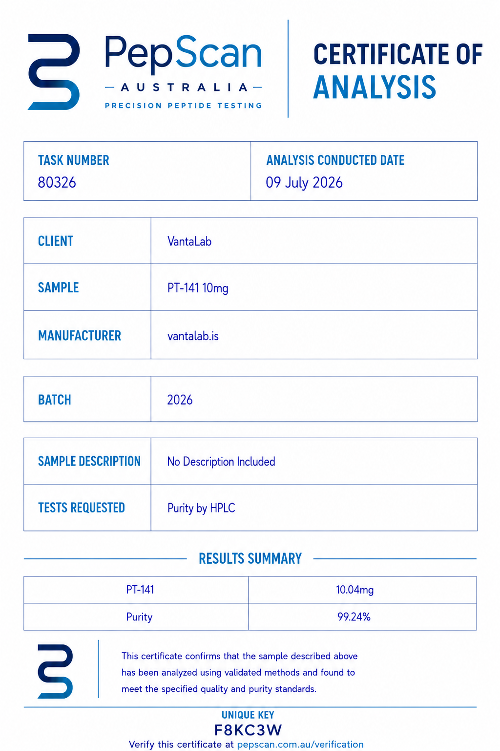 Certificate of Analysis for PT-141 10mg