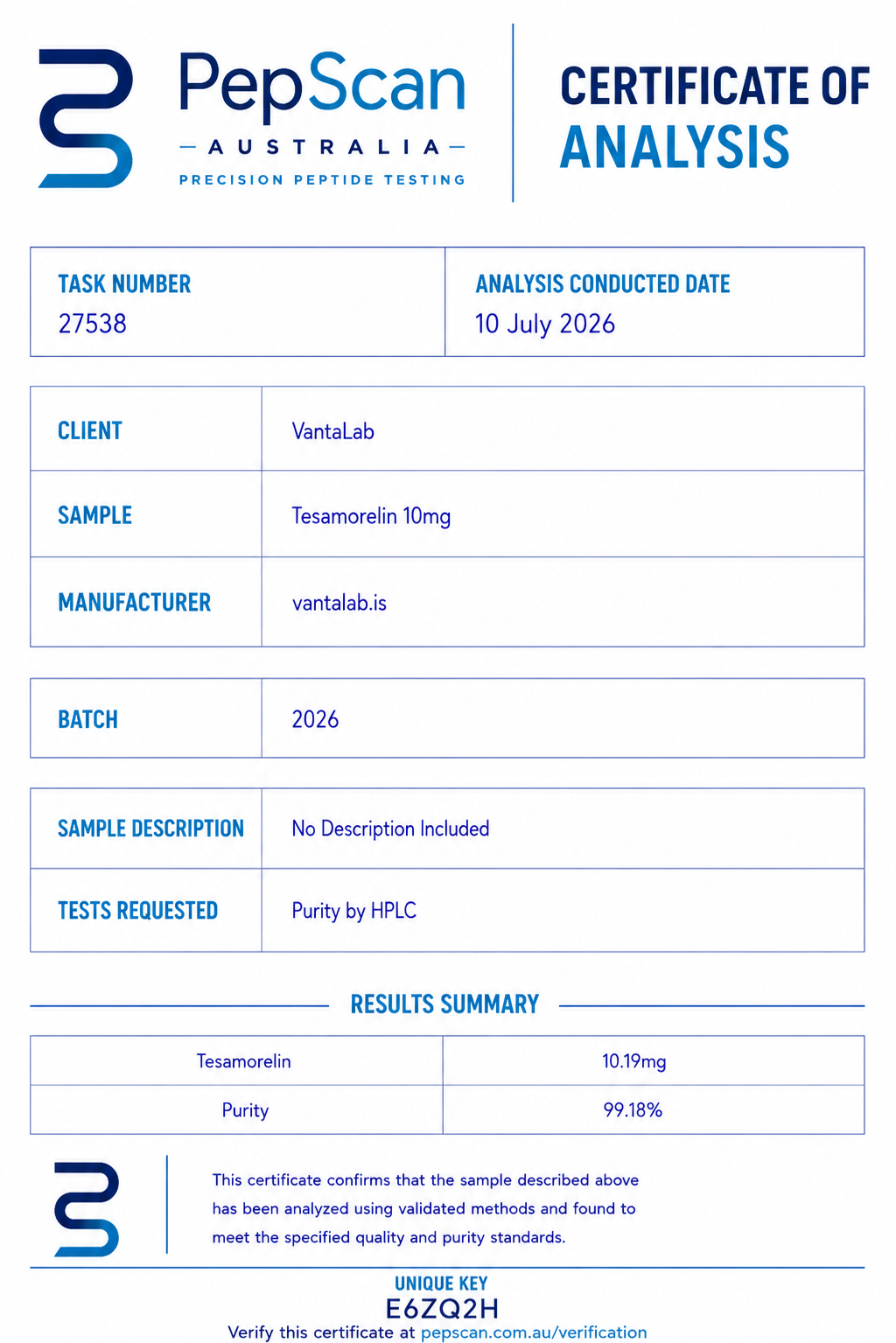 Certificate of Analysis for Tesamorelin 10mg