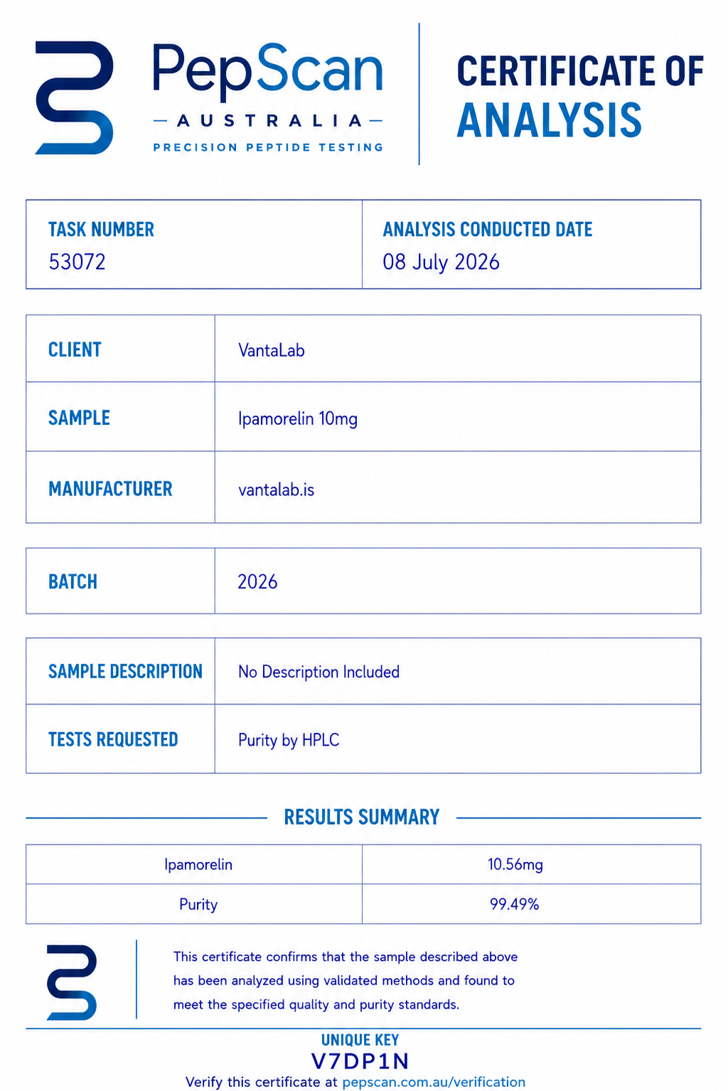 Certificate of Analysis for Ipamorelin 10mg